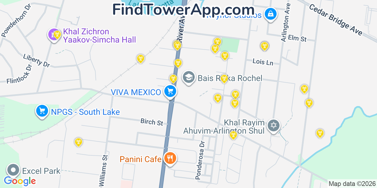 Map showing the 20 primary cell tower locations detected in Lakewood, New Jersey from AT&T, Verizon, and T-Mobile networks