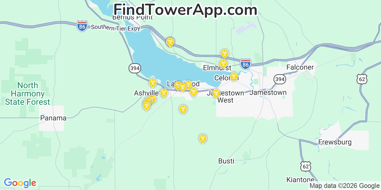 Map showing the 20 primary cell tower locations detected in Lakewood, New York from AT&T, Verizon, and T-Mobile networks