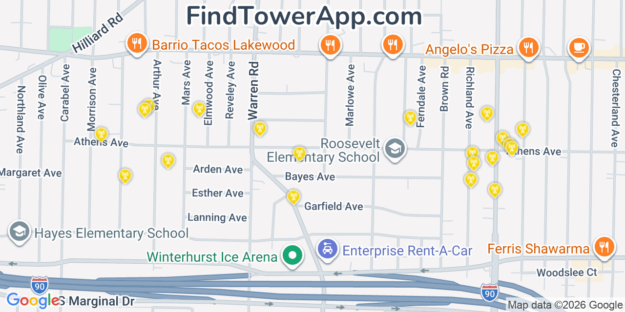 Map showing the 20 primary cell tower locations detected in Lakewood, Ohio from AT&T, Verizon, and T-Mobile networks