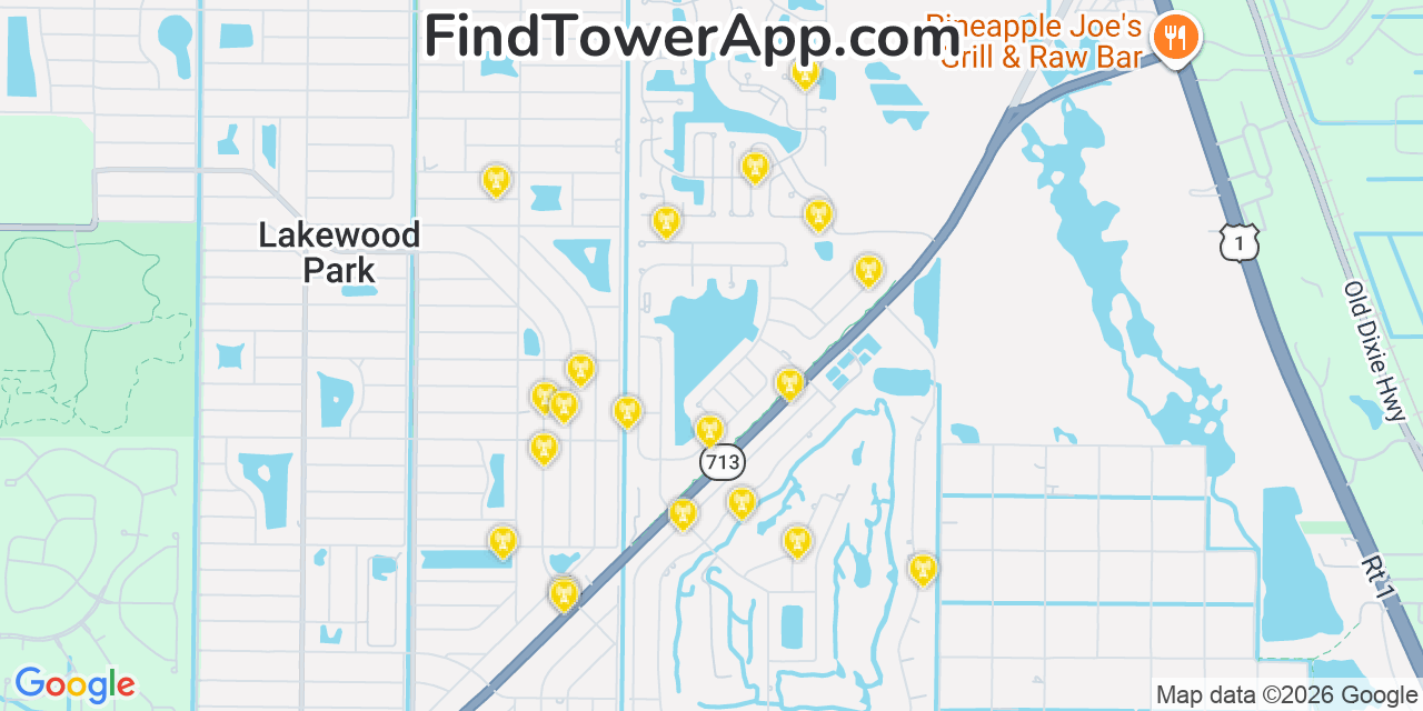 Map showing the 20 primary cell tower locations detected in Lakewood Park, Florida from AT&T, Verizon, and T-Mobile networks