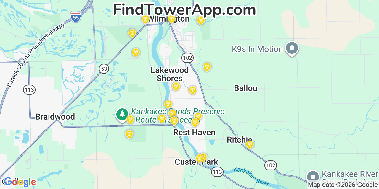 Map showing the 20 primary cell tower locations detected in Lakewood Shores, Illinois from AT&T, Verizon, and T-Mobile networks