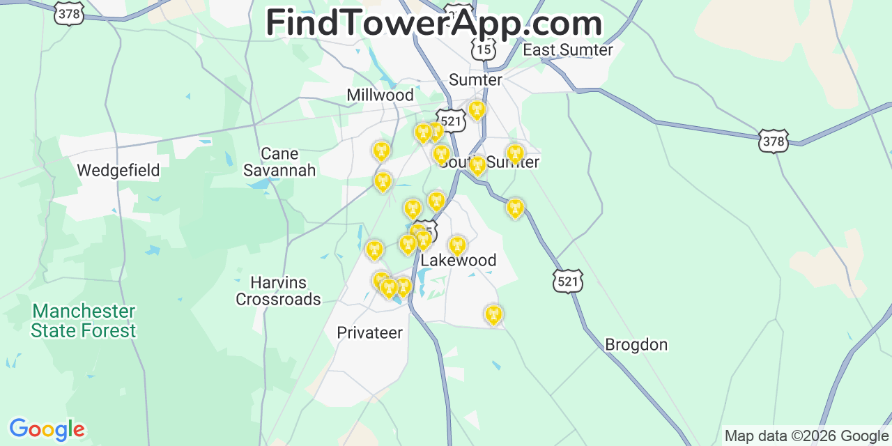 Map showing the 20 primary cell tower locations detected in Lakewood, South Carolina from AT&T, Verizon, and T-Mobile networks