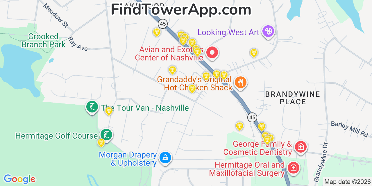 Map showing the 20 primary cell tower locations detected in Lakewood, Tennessee from AT&T, Verizon, and T-Mobile networks