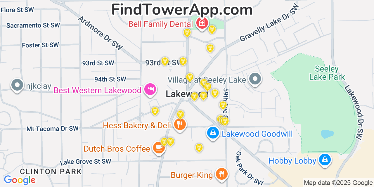 Map showing the 20 primary cell tower locations detected in Lakewood, Washington from AT&T, Verizon, and T-Mobile networks