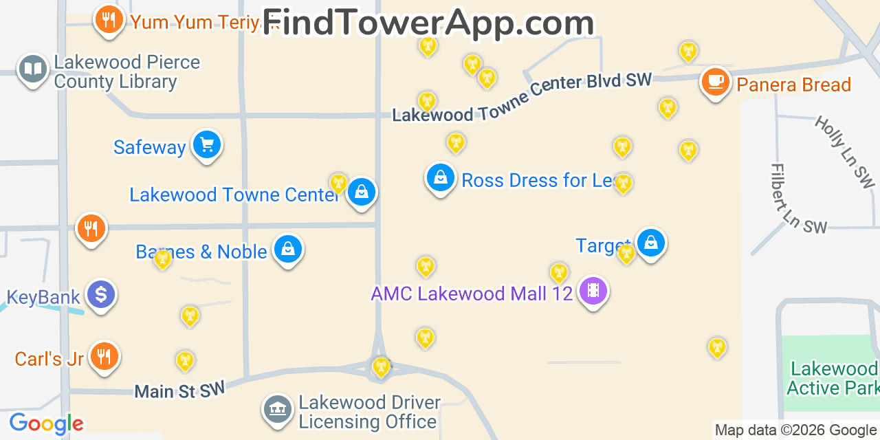 Map showing the 20 primary cell tower locations detected in Lakewood, Washington from AT&T, Verizon, and T-Mobile networks