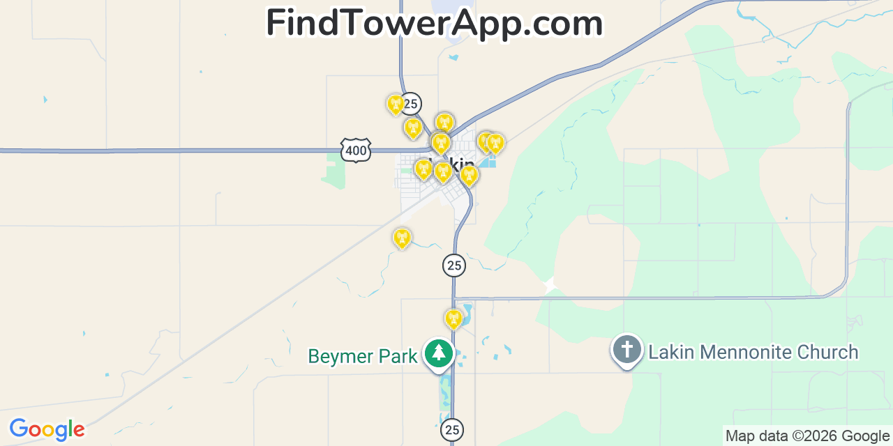 Map showing the 20 primary cell tower locations detected in Lakin, Kansas from AT&T, Verizon, and T-Mobile networks