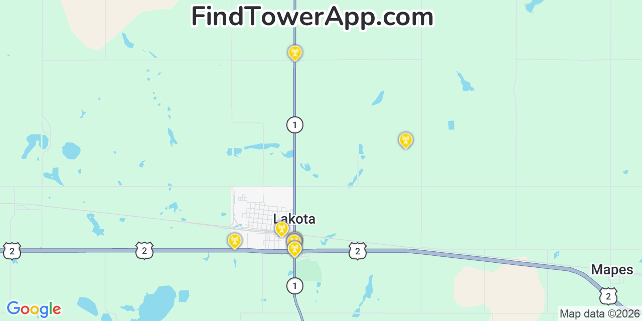 Map showing the 20 primary cell tower locations detected in Lakota, North Dakota from AT&T, Verizon, and T-Mobile networks