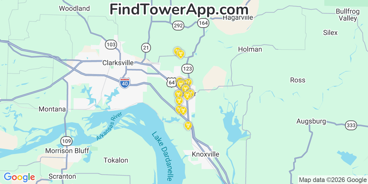 Map showing the 20 primary cell tower locations detected in Lamar, Arkansas from AT&T, Verizon, and T-Mobile networks