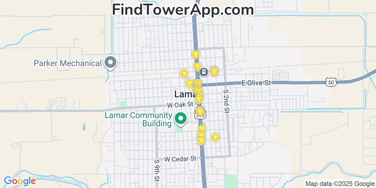 Map showing the 20 primary cell tower locations detected in Lamar, Colorado from AT&T, Verizon, and T-Mobile networks