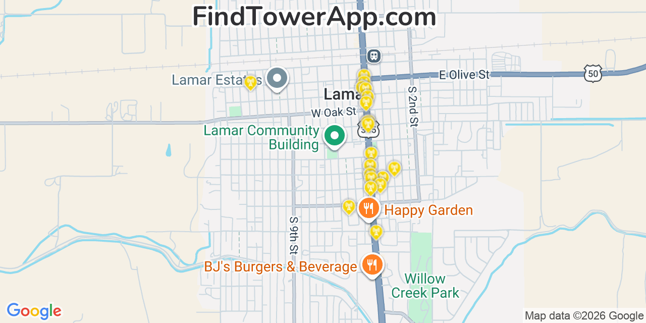 Map showing the 20 primary cell tower locations detected in Lamar, Colorado from AT&T, Verizon, and T-Mobile networks