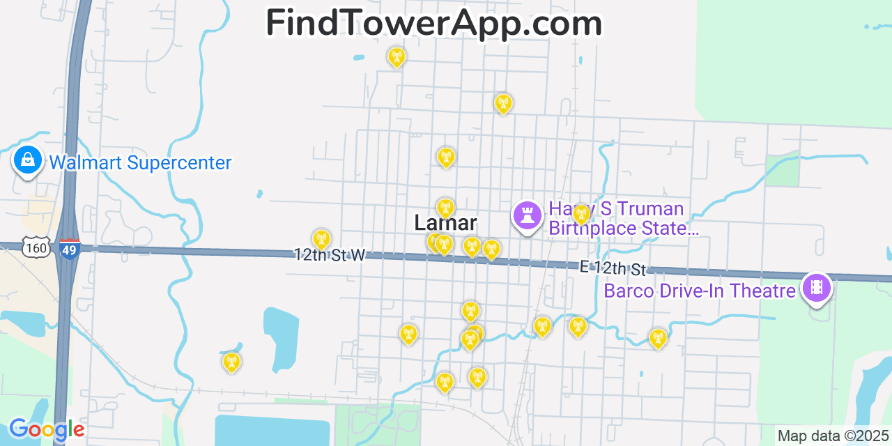 Map showing the 20 primary cell tower locations detected in Lamar, Missouri from AT&T, Verizon, and T-Mobile networks