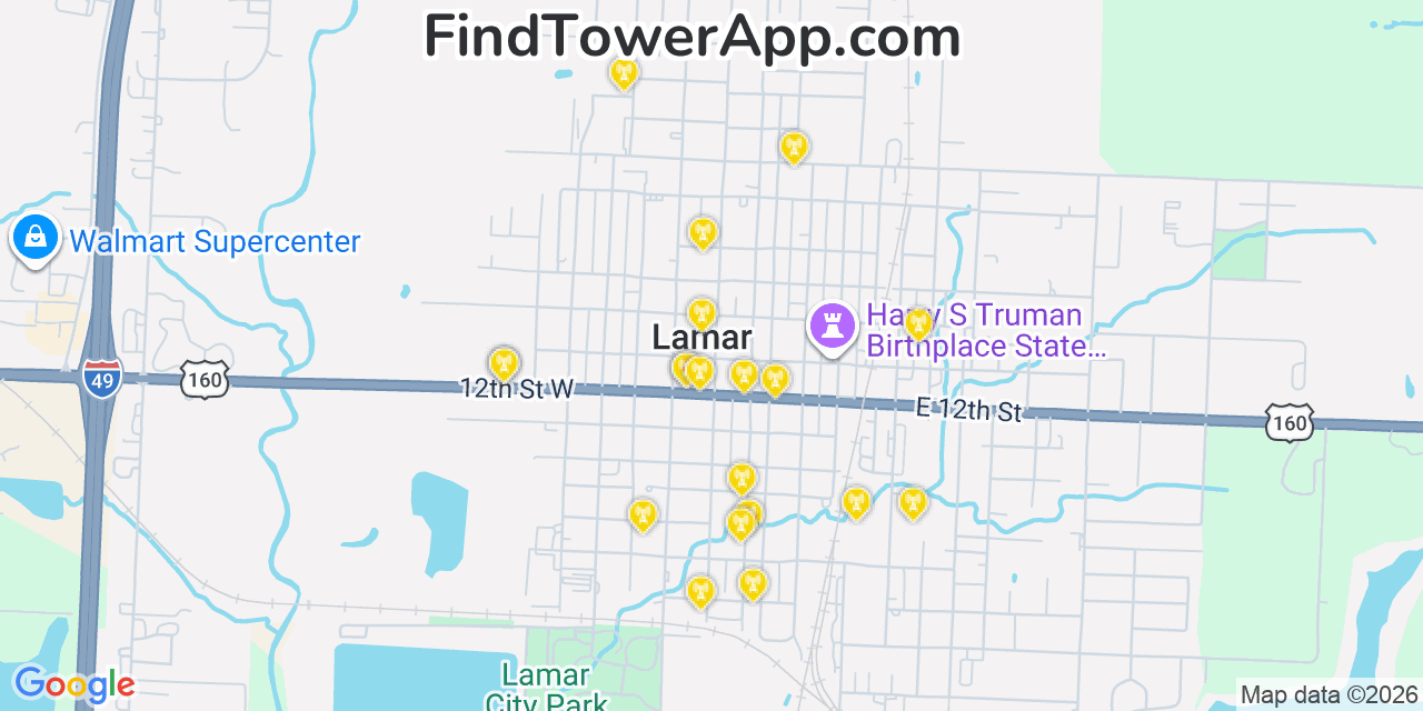 Map showing the 20 primary cell tower locations detected in Lamar, Missouri from AT&T, Verizon, and T-Mobile networks
