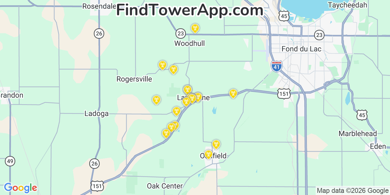 Map showing the 20 primary cell tower locations detected in Lamartine, Wisconsin from AT&T, Verizon, and T-Mobile networks