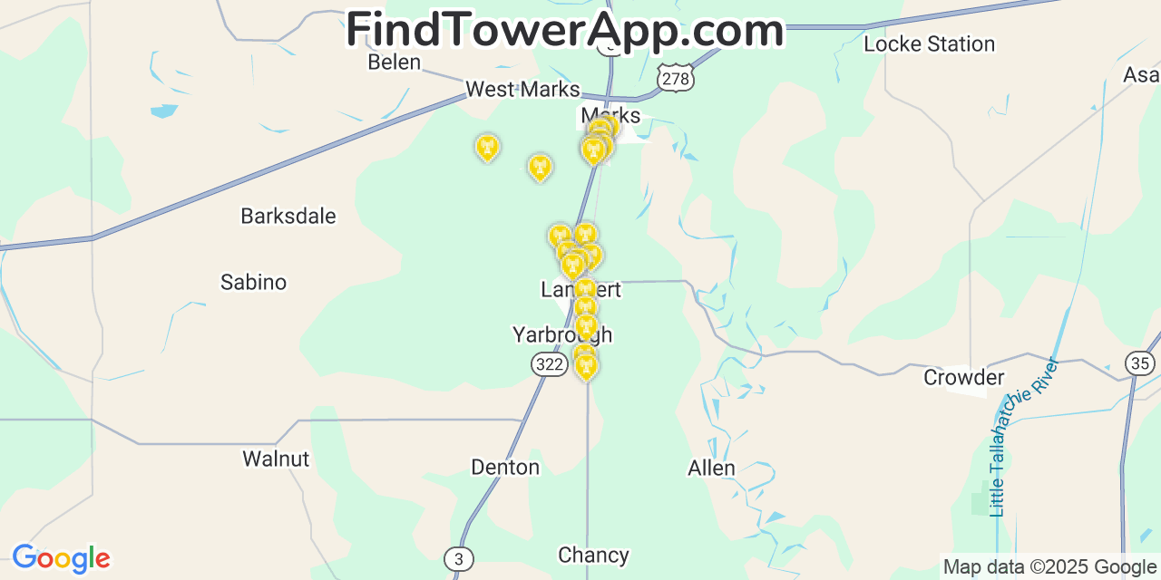 Map showing the 20 primary cell tower locations detected in Lambert, Mississippi from AT&T, Verizon, and T-Mobile networks