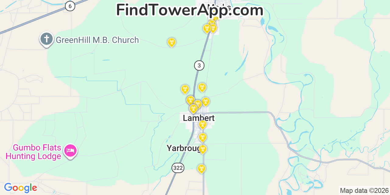 Map showing the 20 primary cell tower locations detected in Lambert, Mississippi from AT&T, Verizon, and T-Mobile networks