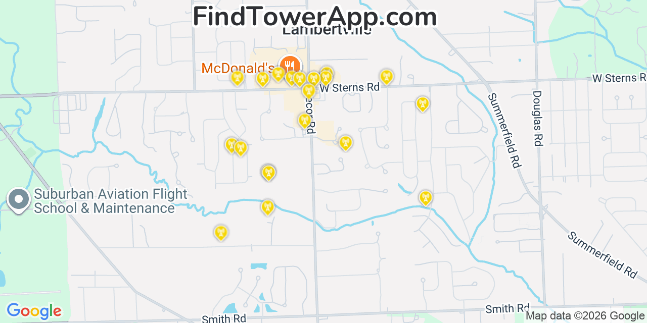 Map showing the 20 primary cell tower locations detected in Lambertville, Michigan from AT&T, Verizon, and T-Mobile networks