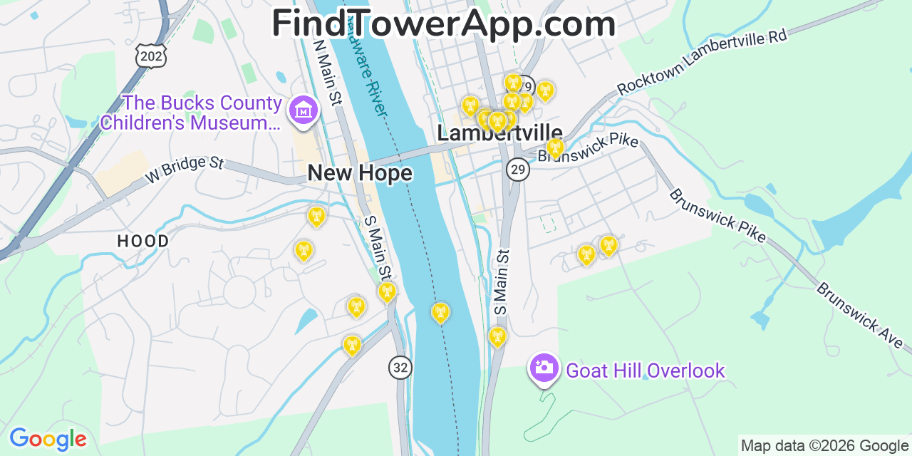 Map showing the 20 primary cell tower locations detected in Lambertville, New Jersey from AT&T, Verizon, and T-Mobile networks