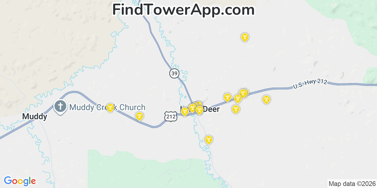Map showing the 20 primary cell tower locations detected in Lame Deer, Montana from AT&T, Verizon, and T-Mobile networks