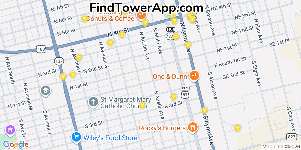 Map showing the 20 primary cell tower locations detected in Lamesa, Texas from AT&T, Verizon, and T-Mobile networks