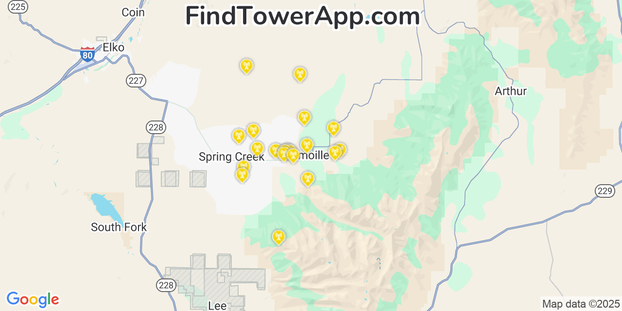 Map showing the 20 primary AT&T cell tower locations detected in Lamoille, Nevada with coverage radius and signal strength indicators