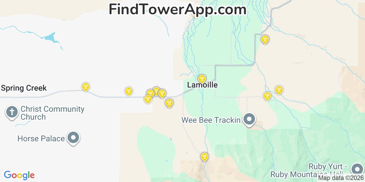 Map showing the 20 primary cell tower locations detected in Lamoille, Nevada from AT&T, Verizon, and T-Mobile networks