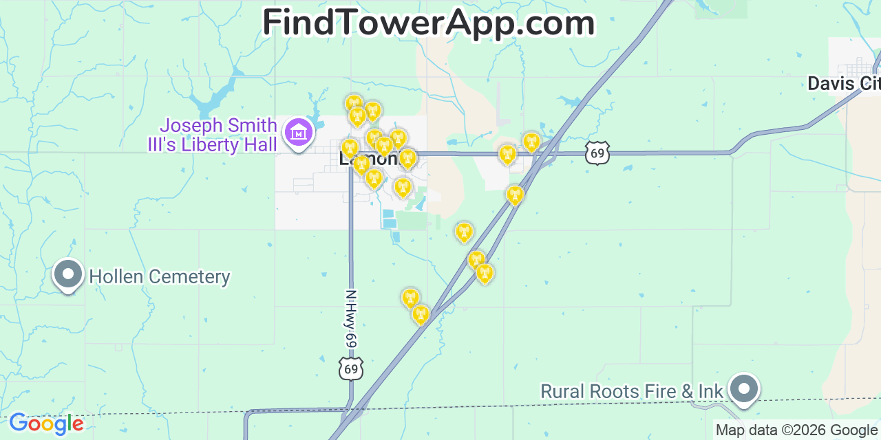 Map showing the 20 primary cell tower locations detected in Lamoni, Iowa from AT&T, Verizon, and T-Mobile networks