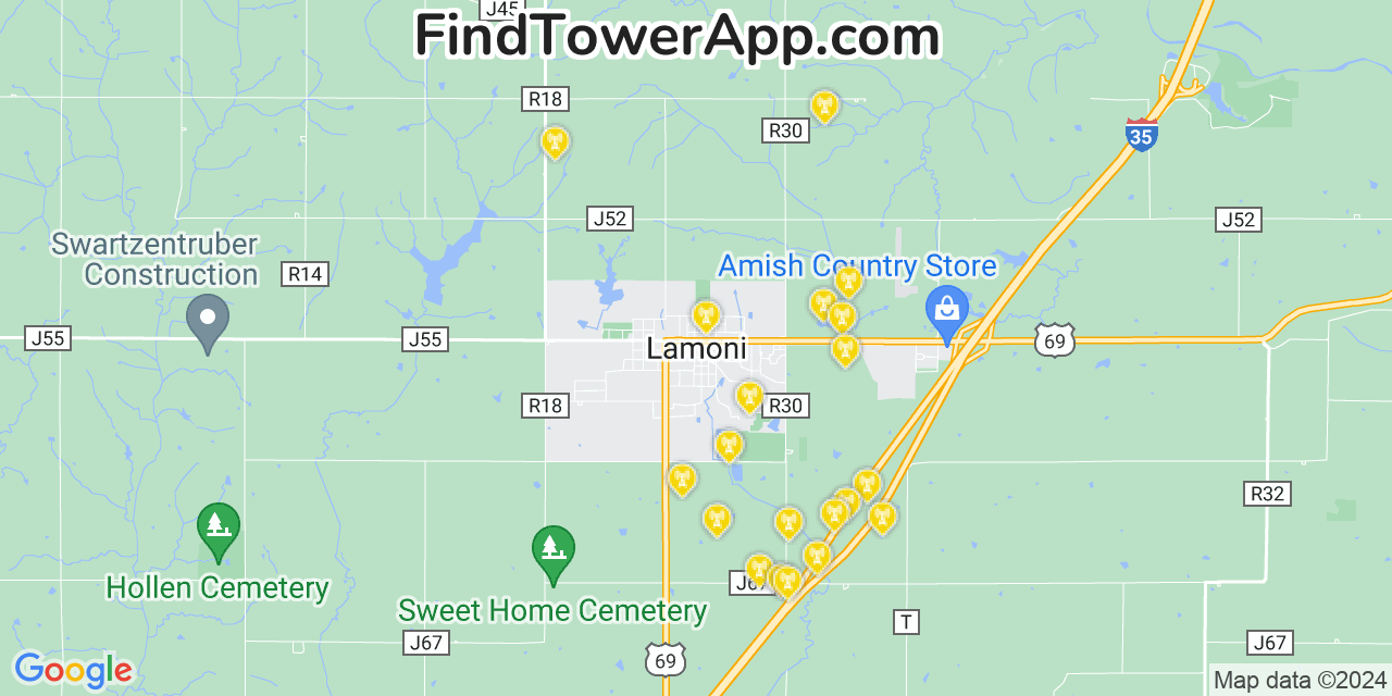 Verizon 4G/5G cell tower coverage map Lamoni, Iowa