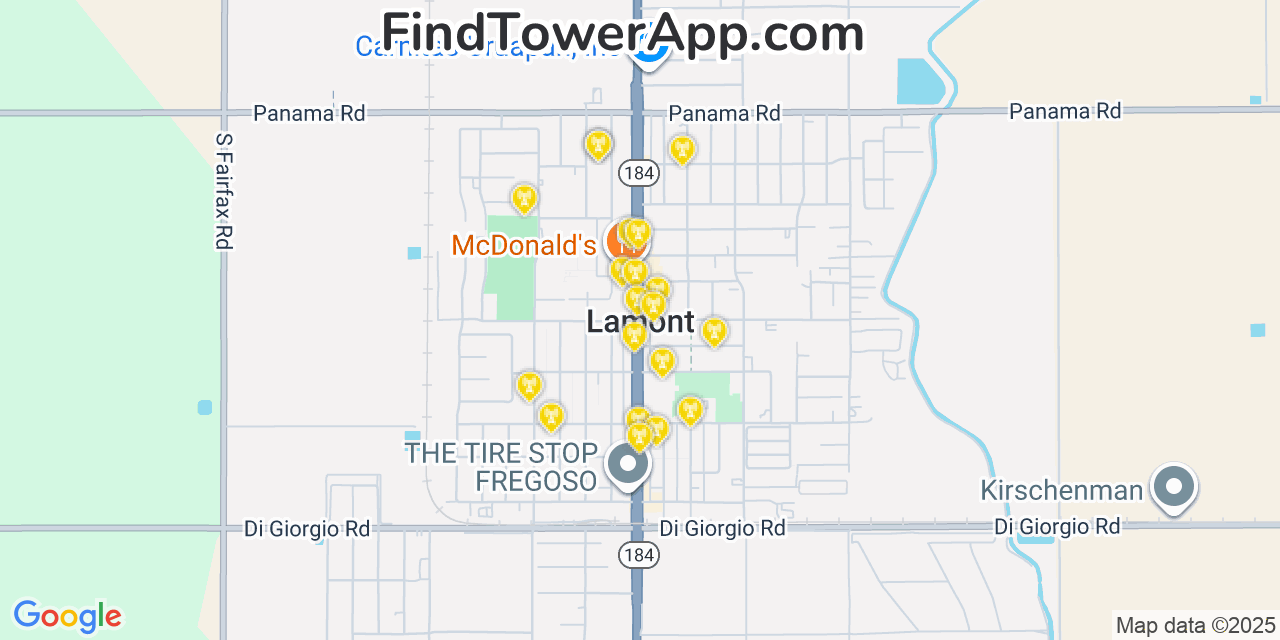 Map showing the 20 primary cell tower locations detected in Lamont, California from AT&T, Verizon, and T-Mobile networks
