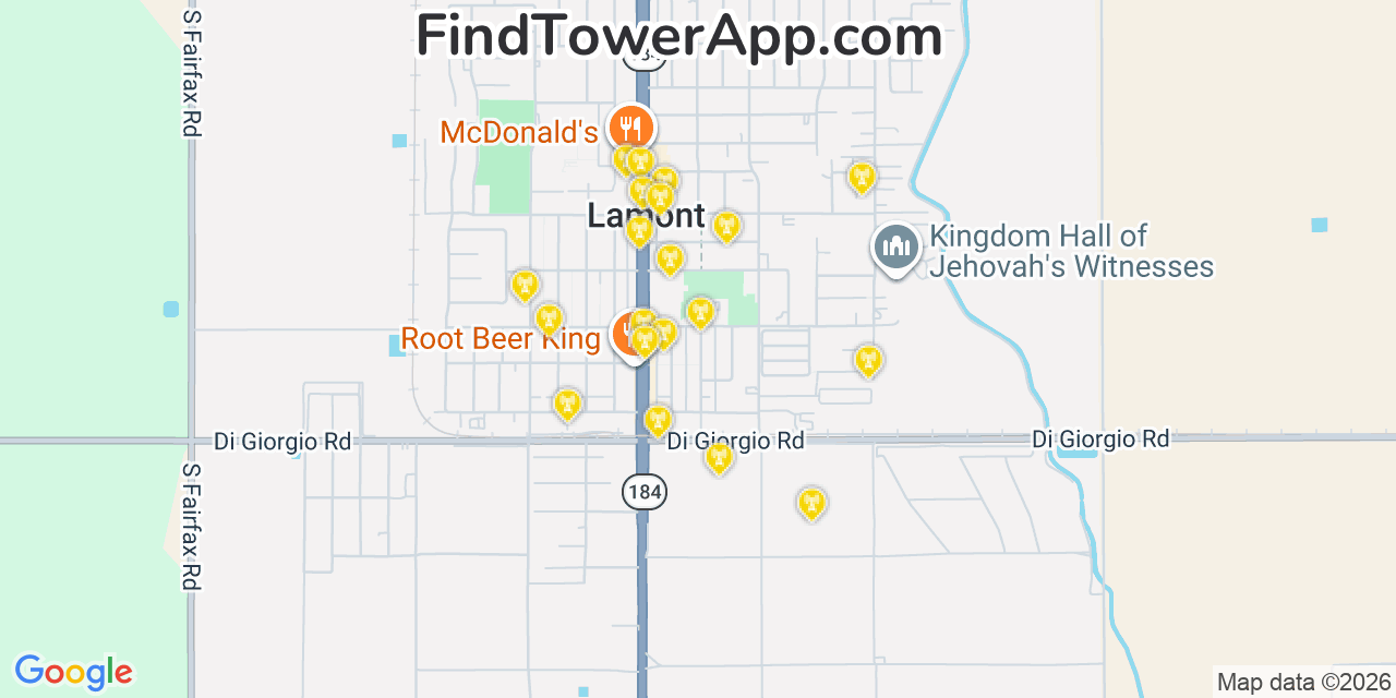 Map showing the 20 primary cell tower locations detected in Lamont, California from AT&T, Verizon, and T-Mobile networks