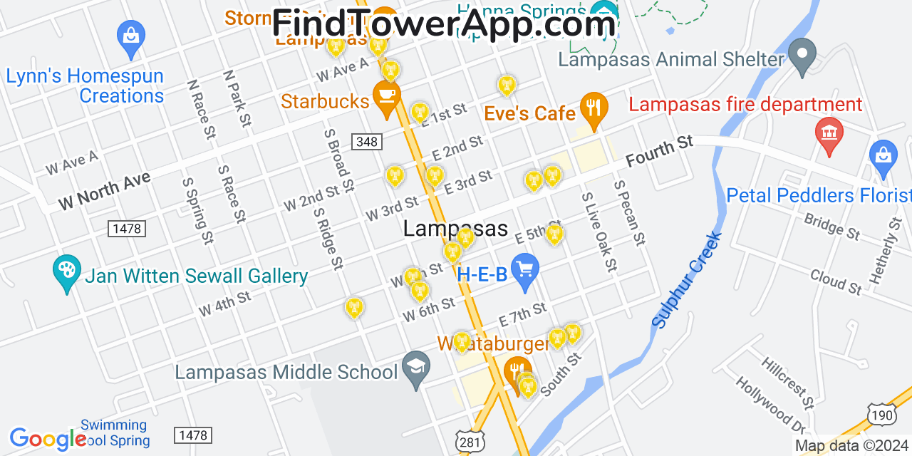AT&T 4G/5G cell tower coverage map Lampasas, Texas