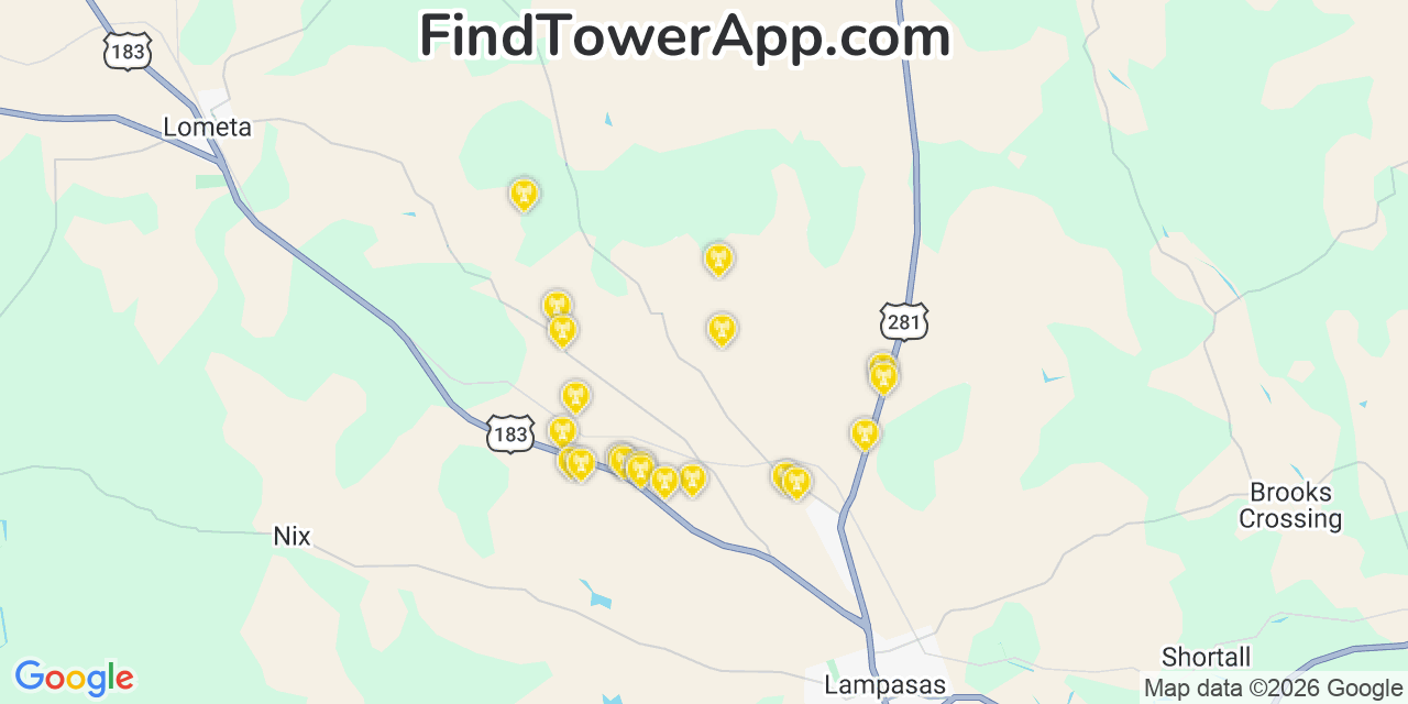 Map showing the 20 primary cell tower locations detected in Lampasas, Texas from AT&T, Verizon, and T-Mobile networks