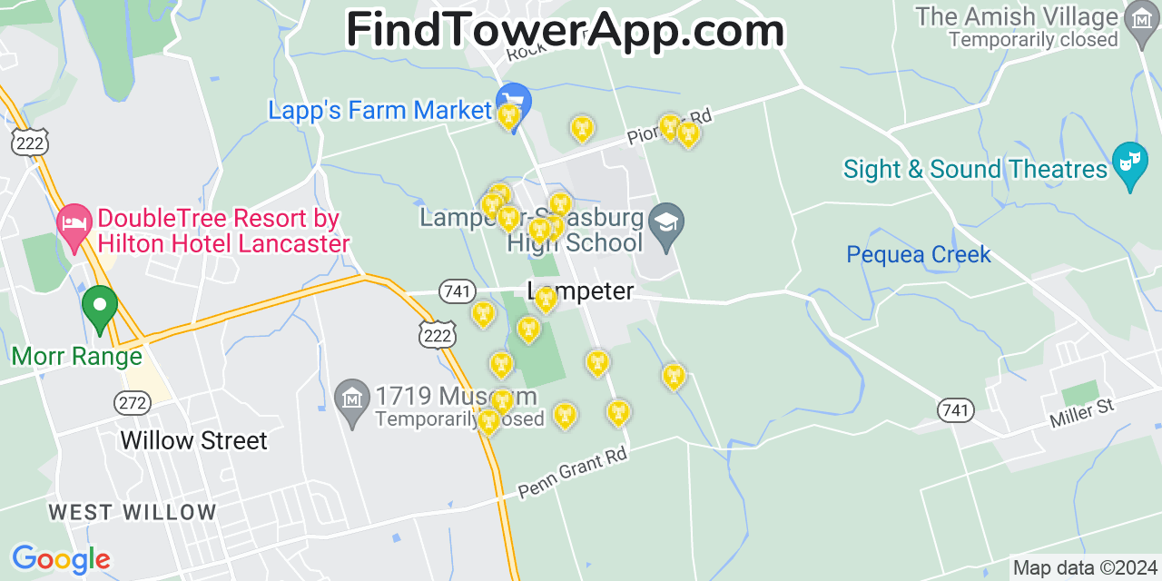 AT&T 4G/5G cell tower coverage map Lampeter, Pennsylvania