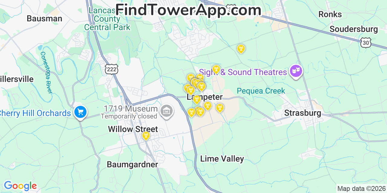 Map showing the 20 primary cell tower locations detected in Lampeter, Pennsylvania from AT&T, Verizon, and T-Mobile networks