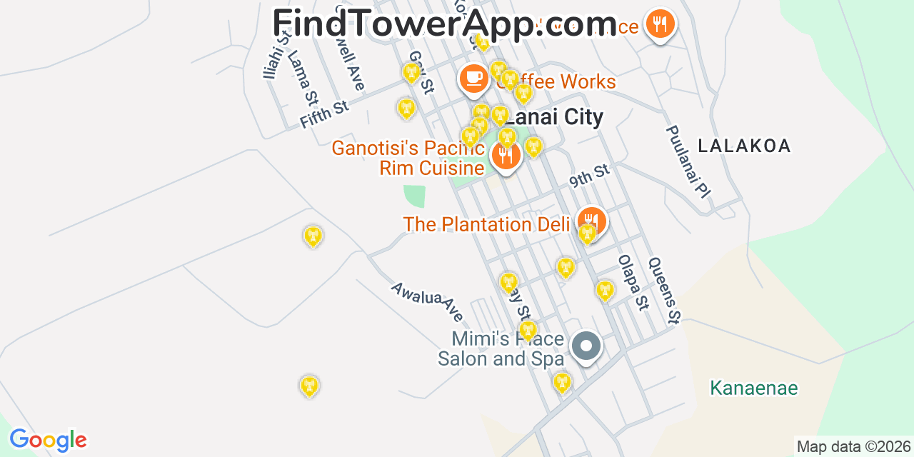 Map showing the 20 primary cell tower locations detected in Lanai City, Hawaii from AT&T, Verizon, and T-Mobile networks