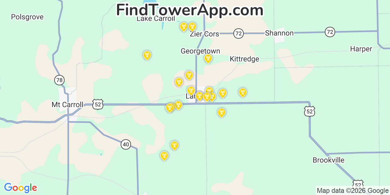 Map showing the 20 primary cell tower locations detected in Lanark, Illinois from AT&T, Verizon, and T-Mobile networks