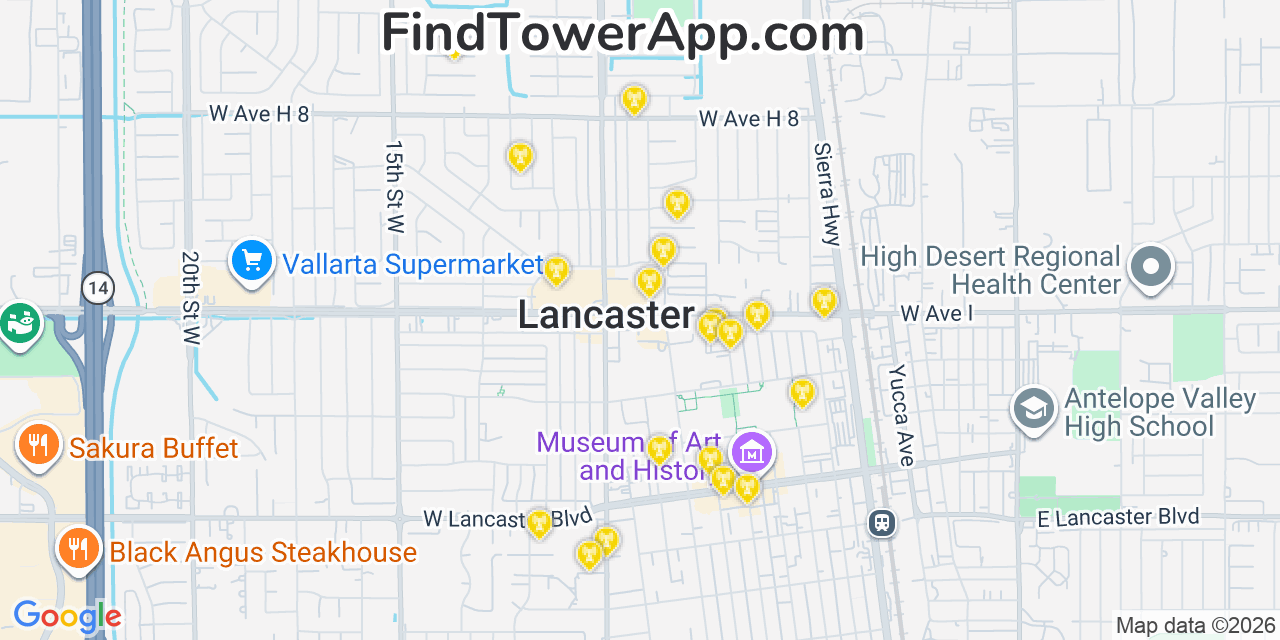Map showing the 20 primary cell tower locations detected in Lancaster, California from AT&T, Verizon, and T-Mobile networks