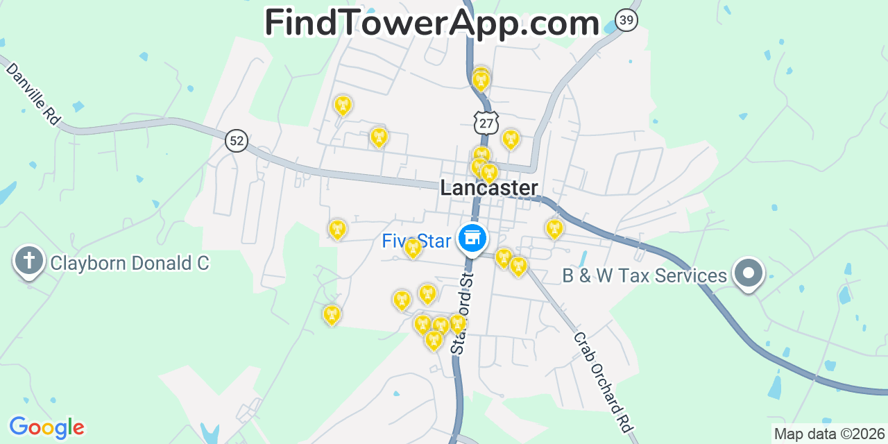 Map showing the 20 primary cell tower locations detected in Lancaster, Kentucky from AT&T, Verizon, and T-Mobile networks