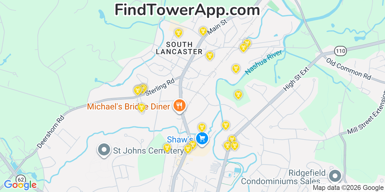 Map showing the 20 primary cell tower locations detected in Lancaster, Massachusetts from AT&T, Verizon, and T-Mobile networks