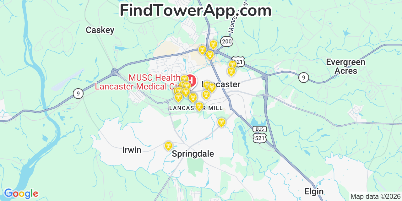 Map showing the 20 primary cell tower locations detected in Lancaster Mill, South Carolina from AT&T, Verizon, and T-Mobile networks