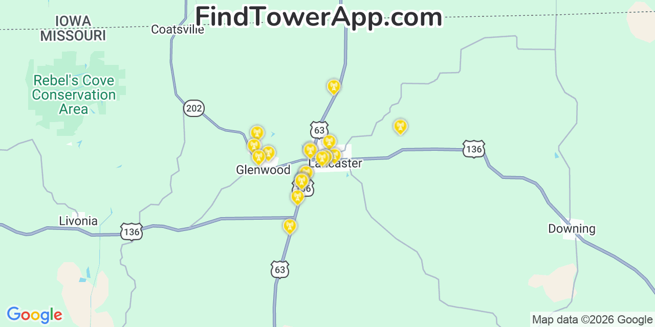 Map showing the 20 primary cell tower locations detected in Lancaster, Missouri from AT&T, Verizon, and T-Mobile networks