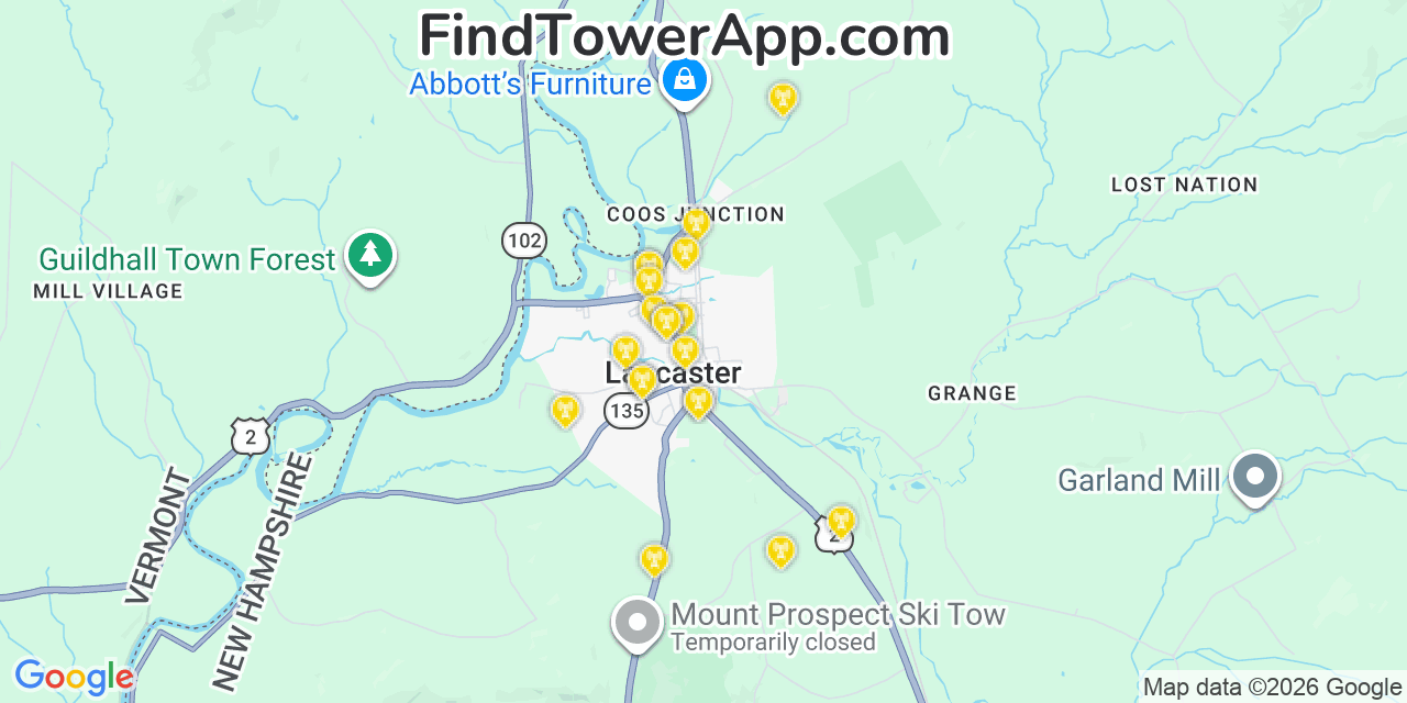 Map showing the 20 primary cell tower locations detected in Lancaster, New Hampshire from AT&T, Verizon, and T-Mobile networks