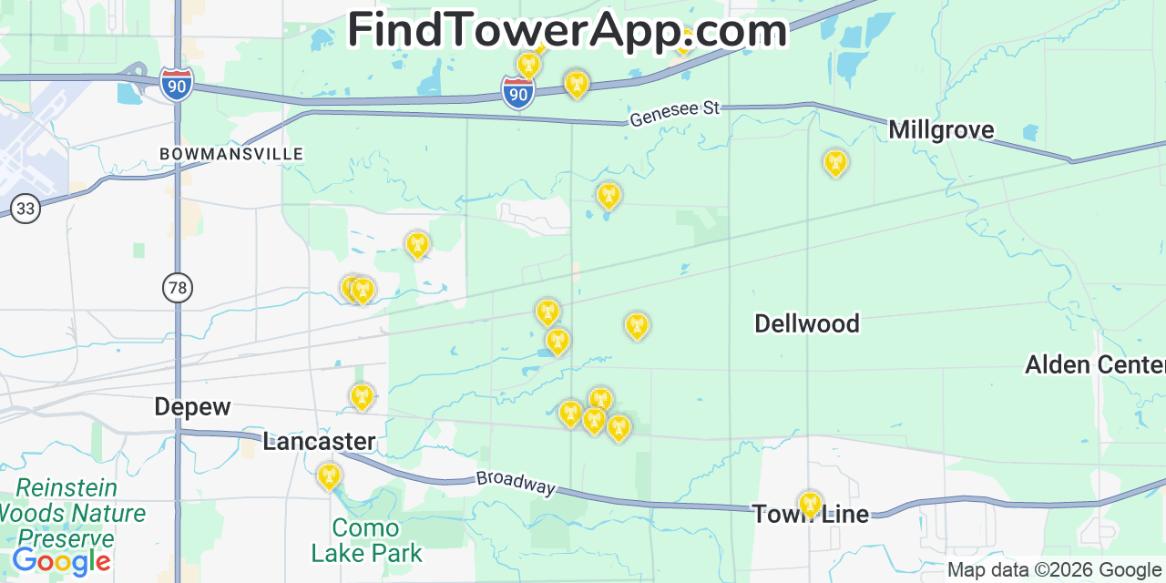 Map showing the 20 primary cell tower locations detected in Lancaster, New York from AT&T, Verizon, and T-Mobile networks