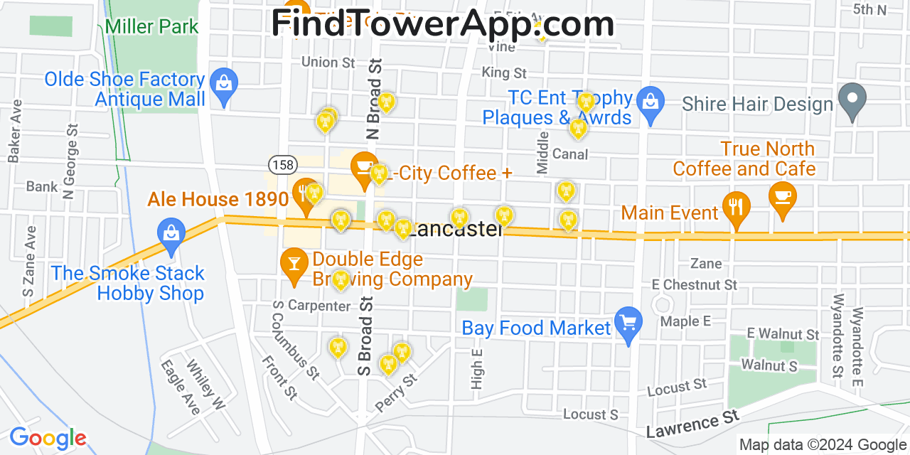 AT&T 4G/5G cell tower coverage map Lancaster, Ohio