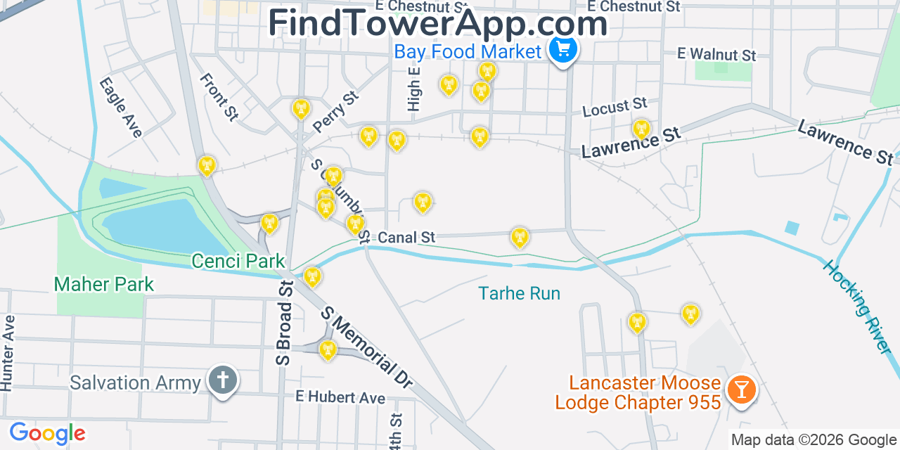 Map showing the 20 primary cell tower locations detected in Lancaster, Ohio from AT&T, Verizon, and T-Mobile networks