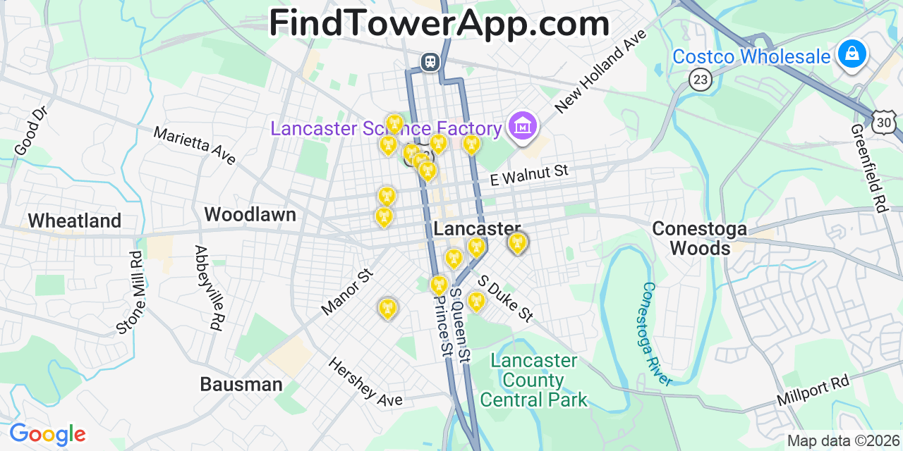 Map showing the 20 primary cell tower locations detected in Lancaster, Pennsylvania from AT&T, Verizon, and T-Mobile networks