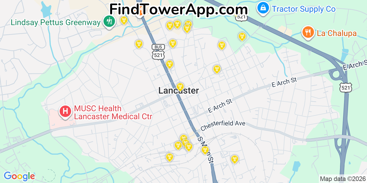 Map showing the 20 primary cell tower locations detected in Lancaster, South Carolina from AT&T, Verizon, and T-Mobile networks