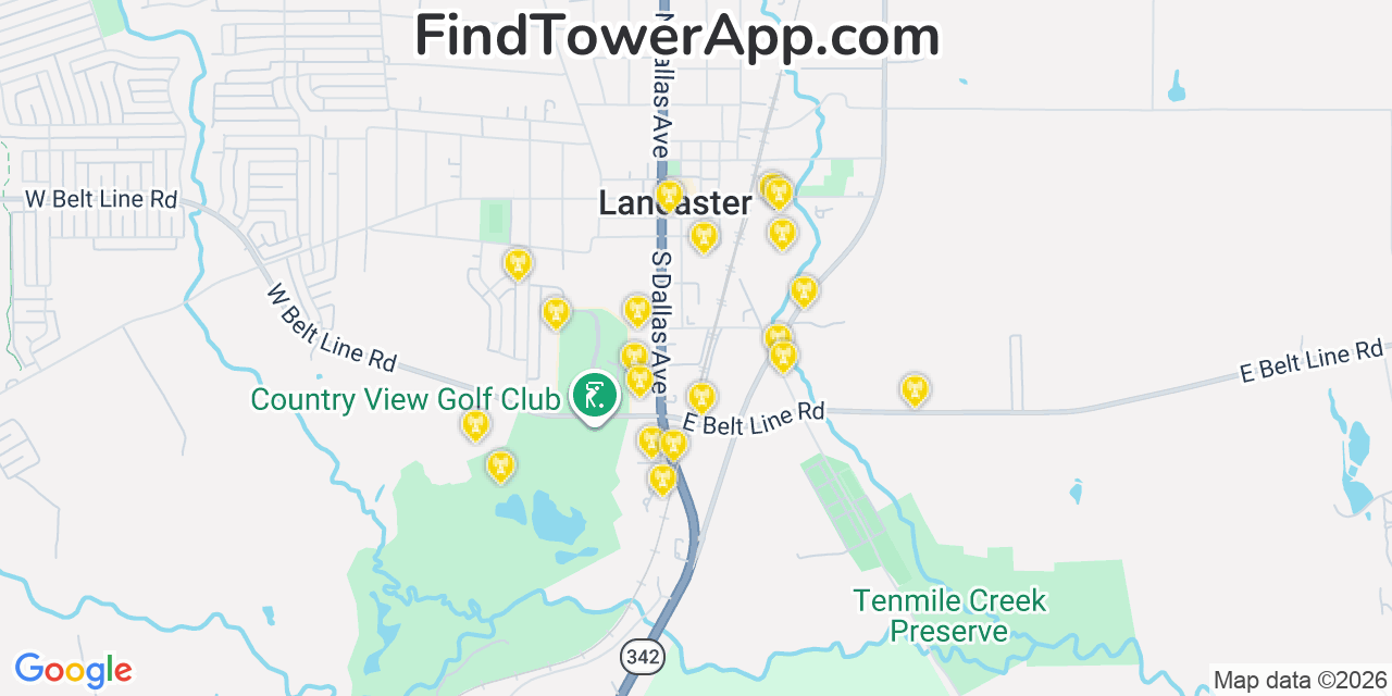 Map showing the 20 primary cell tower locations detected in Lancaster, Texas from AT&T, Verizon, and T-Mobile networks