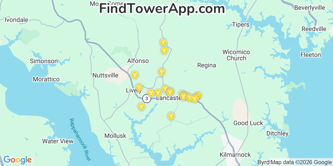 Map showing the 20 primary cell tower locations detected in Lancaster, Virginia from AT&T, Verizon, and T-Mobile networks