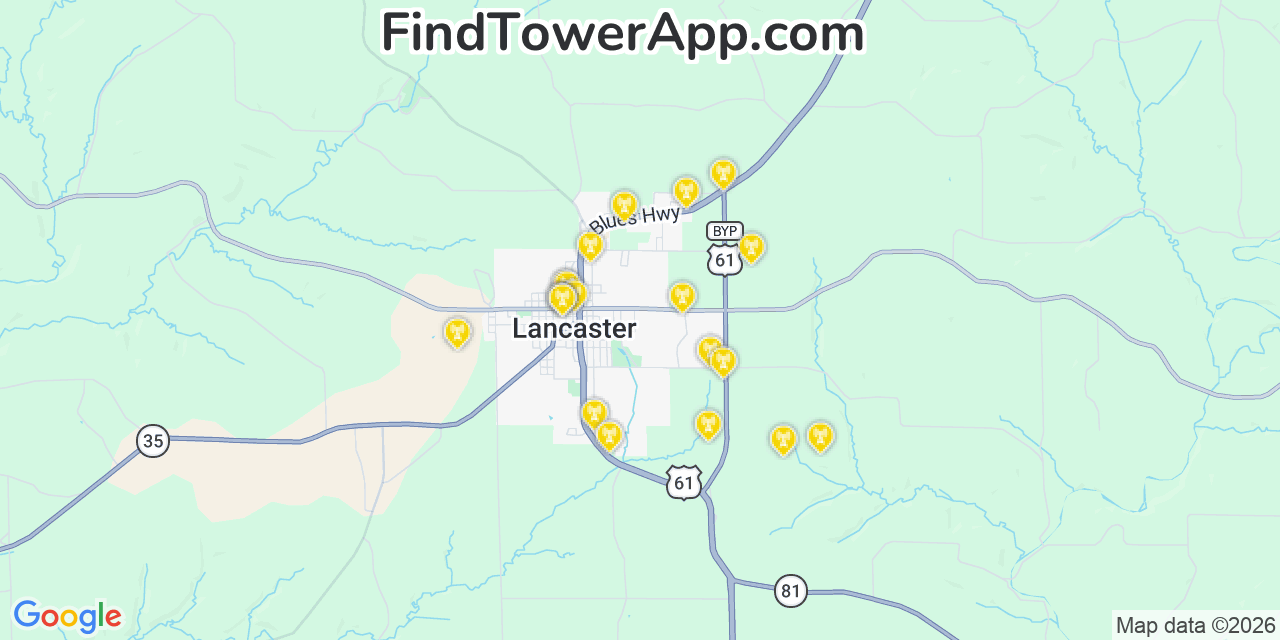 Map showing the 20 primary cell tower locations detected in Lancaster, Wisconsin from AT&T, Verizon, and T-Mobile networks