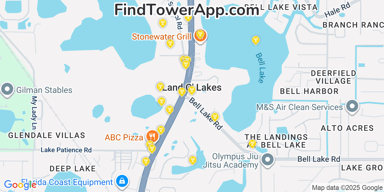 Map showing the 20 primary cell tower locations detected in Land O Lakes, Florida from AT&T, Verizon, and T-Mobile networks